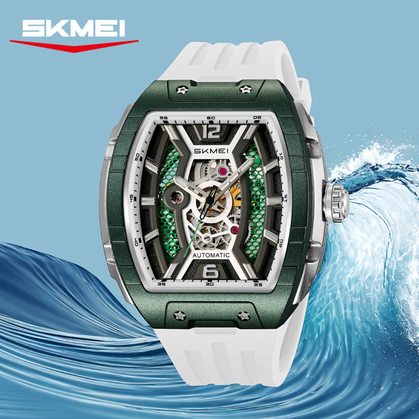 Luxury Watch Case - โรสโกลด์ โทนโน'นาฬิกาอัตโนมัติสำหรับผู้ชาย ตัวเรือนขนาดใหญ่ หน้าปัดแบบโครงกระดูก กันน้ำ สายซิลิกาเจล