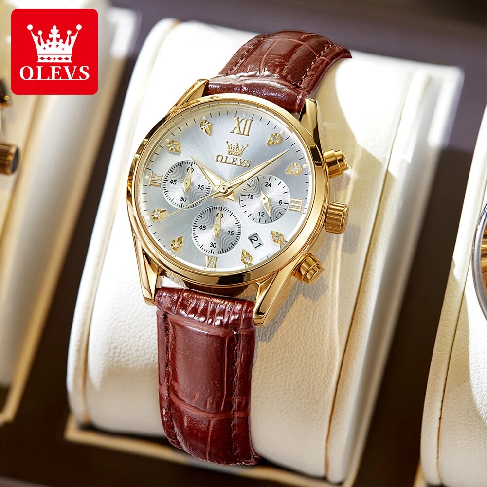 Luxury Watch For Sale - OLEVS 5523 นาฬิกาของผู้หญิงสายหนังกันน้ําส่องสว่างโครโนกราฟสุภาพสตรีที่สง่างามนาฬิกาข้อมือหรูหราควอตซ์นาฬิกาสําหรับผู้หญิง