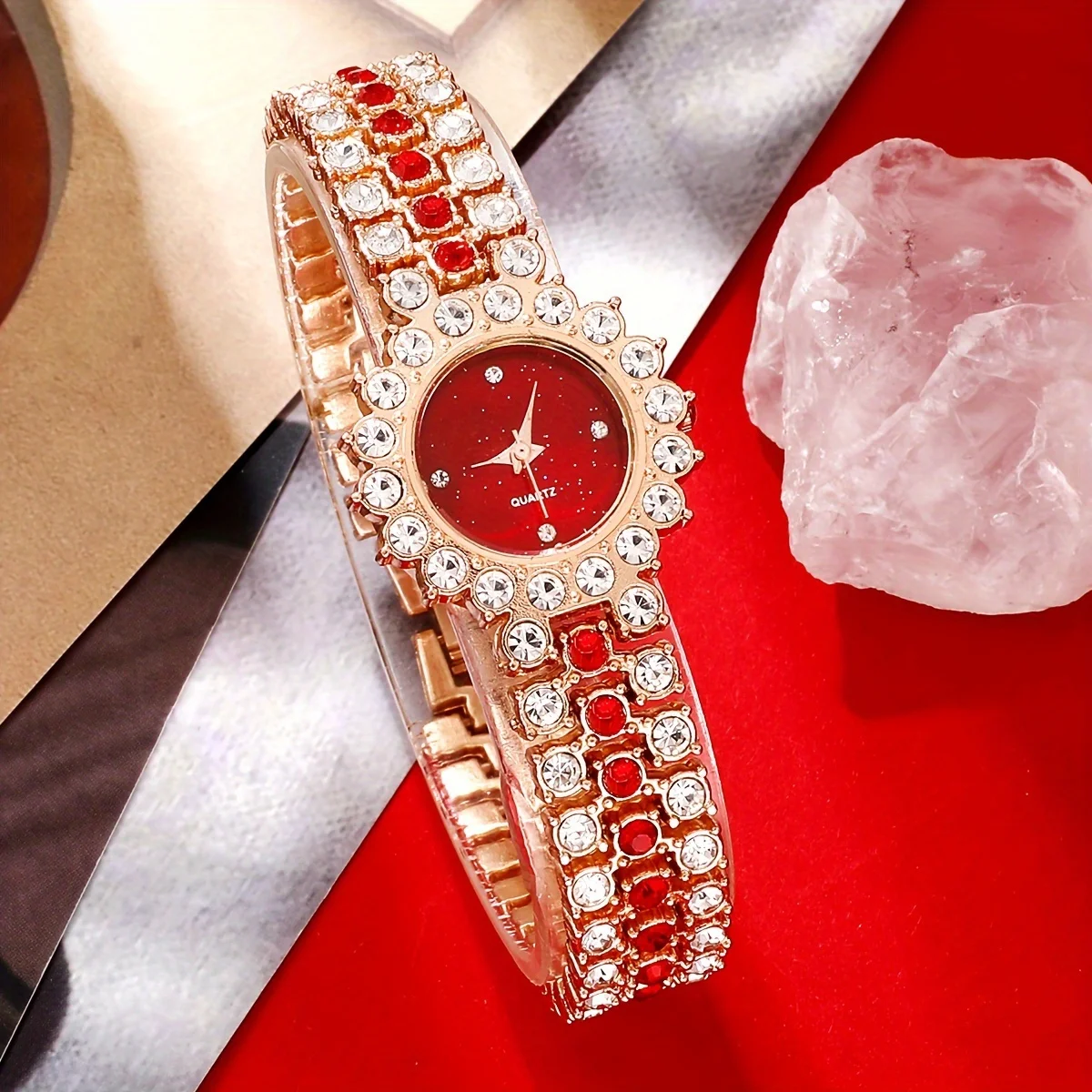 Luxury Watch Gift For Her - 2 ชิ้น/เซ็ตนาฬิกาผู้หญิงหรูหรา Rhinestone สร้อยข้อมือควอตซ์นาฬิกาและสร้อยข้อมือเชอร์รี่, ของขวัญสําหรับแม่ของเธอ