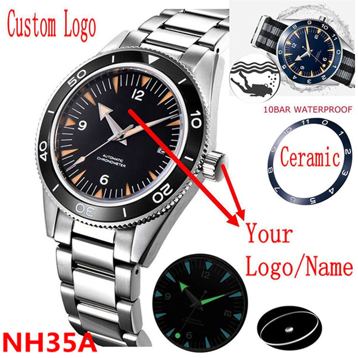 Luxury Watch Logo - โลโก้ที่กําหนดเอง NH35 นาฬิกา 10 บาร์ Mens