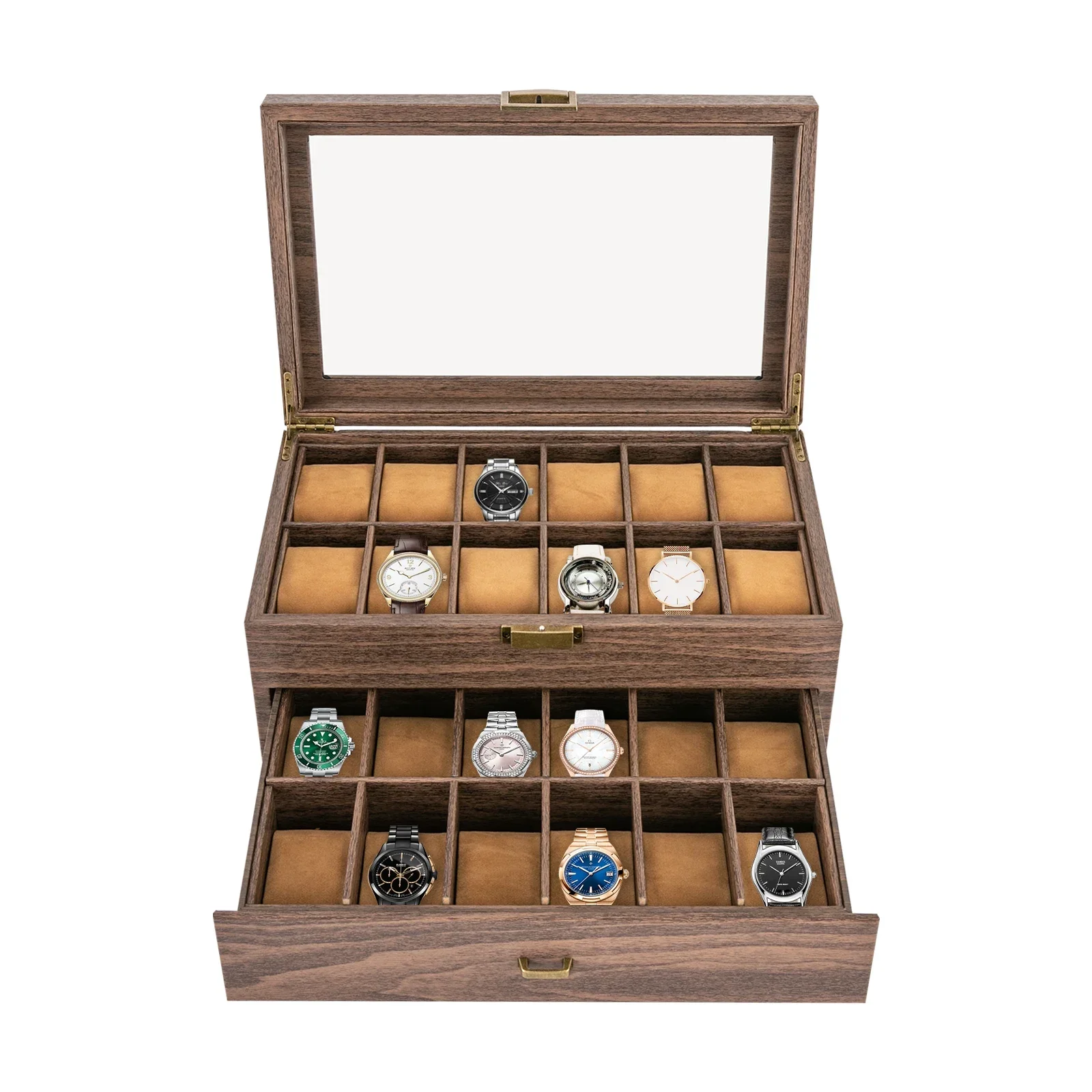 Luxury Watch Tier - กล่องใส่นาฬิกาไม้ 2 ชั้นสุดหรูพร้อมช่องใส่ 24 ช่อง พร้อมหมอนอิงนุ่มสบาย