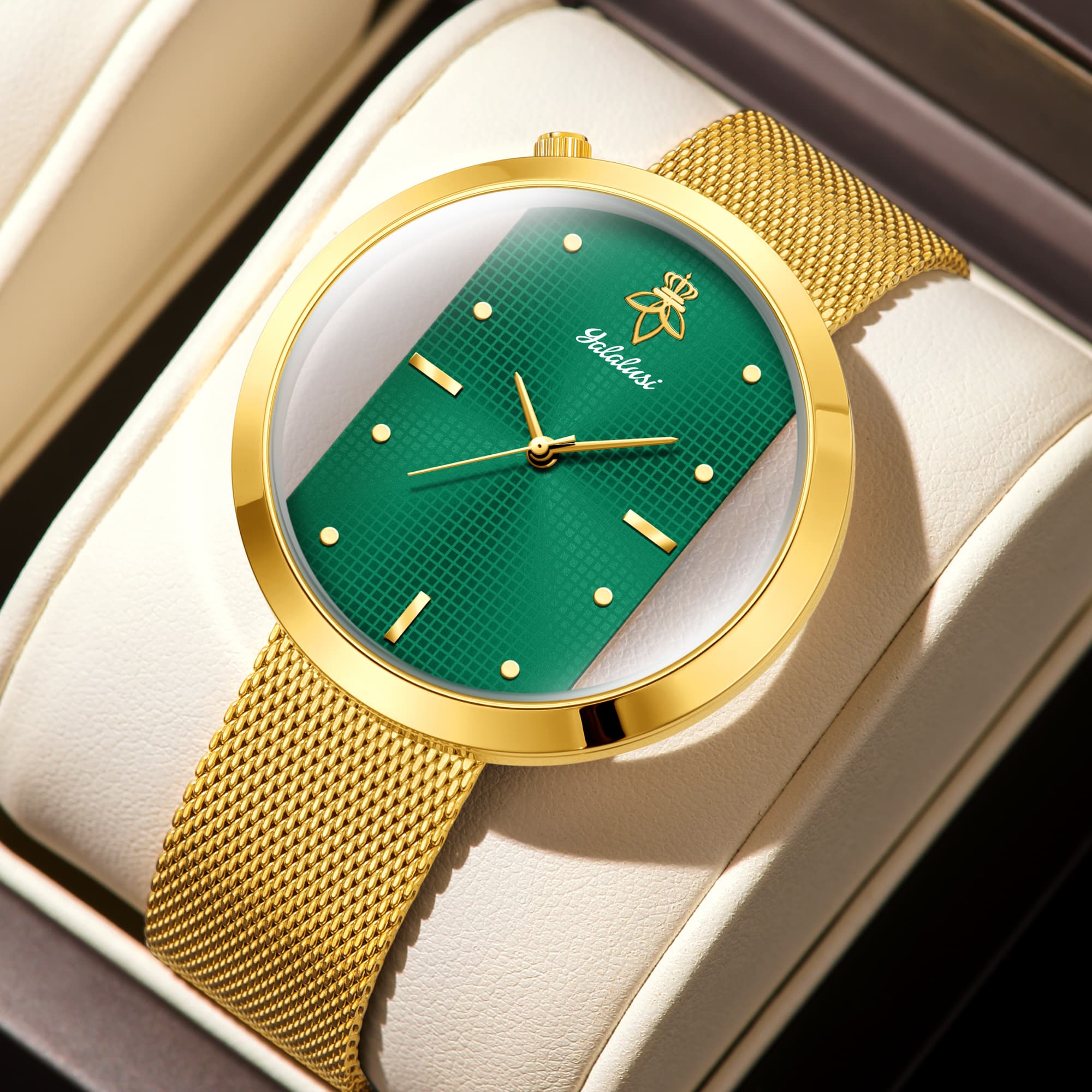Luxury Watch Gift For Her - นาฬิกาข้อมือผู้หญิงแบบตาข่ายสีทองบางเฉียบ หรูหรา หน้าปัดสีเขียวมรกต ดีไซน์เรียบง่าย นาฬิกาควอตซ์สำหรับสุภาพสตรี ของขวัญสำหรับเธอ
