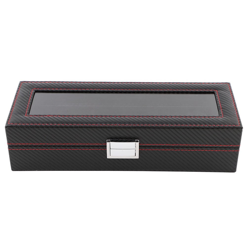 Luxury Watch Collection Box - กล่องนาฬิกาคาร์บอนไฟเบอร์กันฝุ่น 6 ช่อง กล่องใส่นาฬิกาแบบโปร่งใส ลายเส้นสีแดง กล่องเก็บนาฬิกาสุดหรู