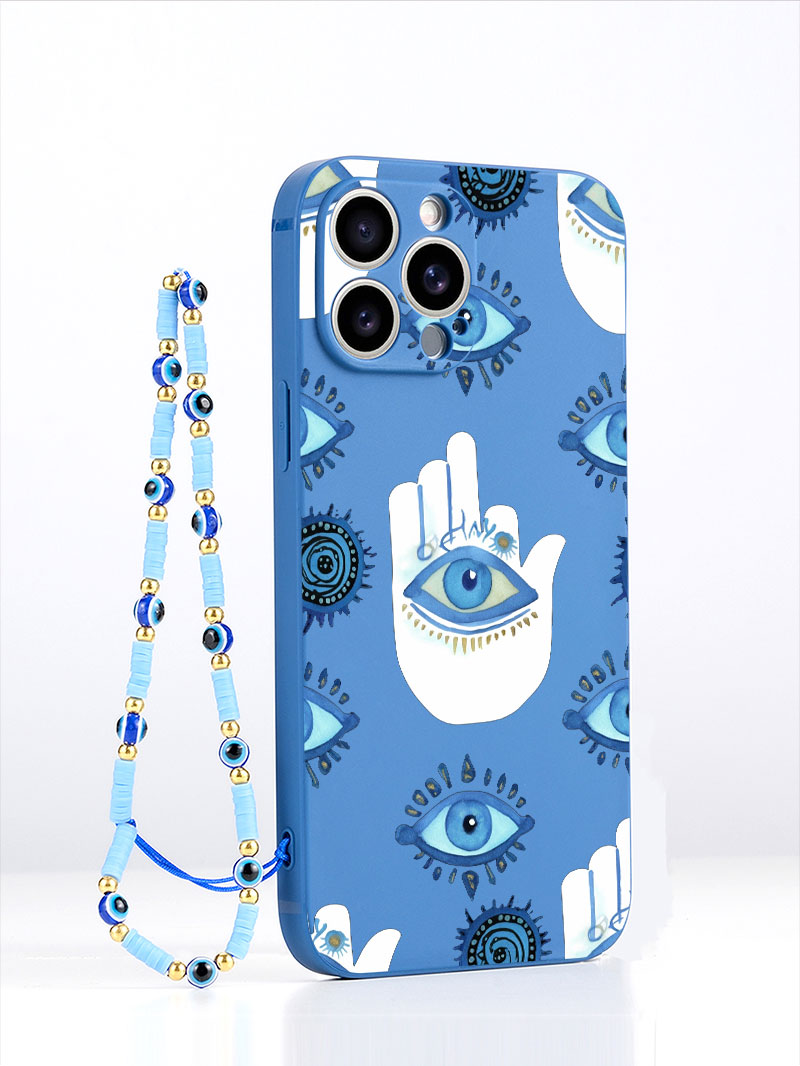 Luxury Watch Case - เคสโทรศัพท์ซิลิโคนเหลวสุดหรู สีฟ้า ลายตาปีศาจ พร้อมสายคล้อง สำหรับ iPhone