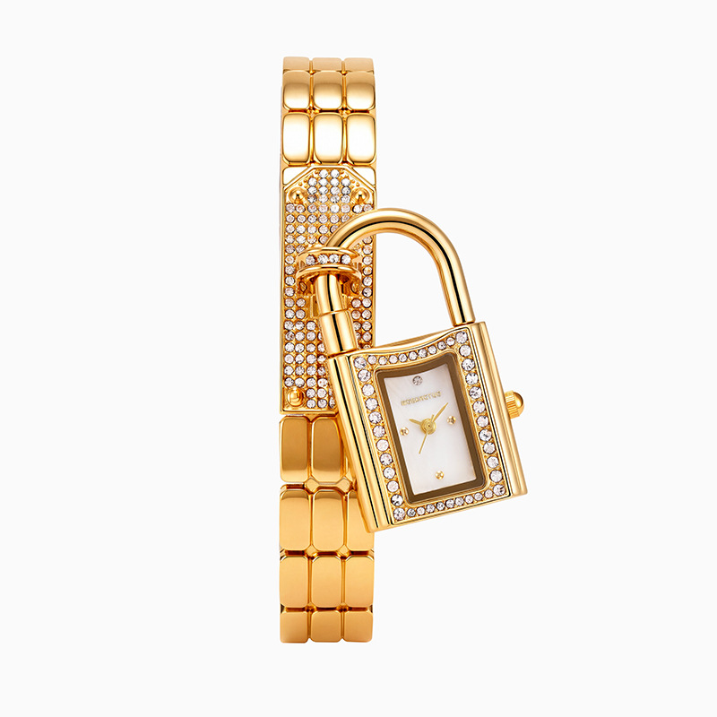 Luxury Watch Square - สายรัดข้อมือรูปทรงเว้าพร้อมจี้เพชรรูปทรงล็อค นาฬิกาข้อมือควอตซ์สำหรับผู้หญิง