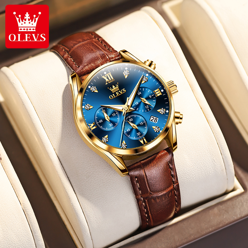 Luxury Watch With Leather Strap - OLEVS 5523 แบรนด์เดิมผู้หญิงนาฬิกาแฟชั่นสายหนังกันน้ํานาฬิกาควอทซ์สําหรับสุภาพสตรีโครโนกราฟส่องสว่างนาฬิกาข้อมือ