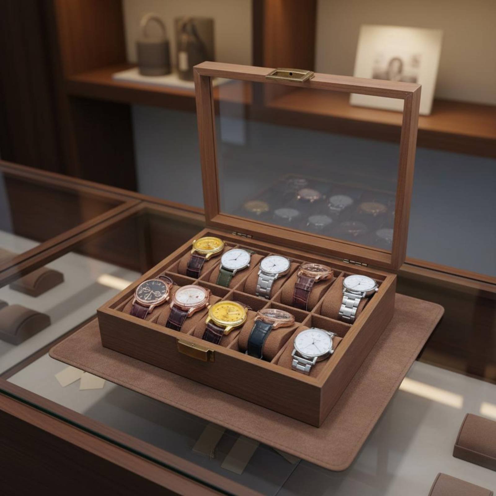 Luxury Watch Collection Box - กล่องโชว์นาฬิกาไม้ ดีไซน์หรูหรา กล่องเก็บนาฬิกาแบบแยกชิ้น พร้อมช่องเก็บอุปกรณ์เสริม ของขวัญสุดพิเศษ บุด้วยวัสดุนุ่ม