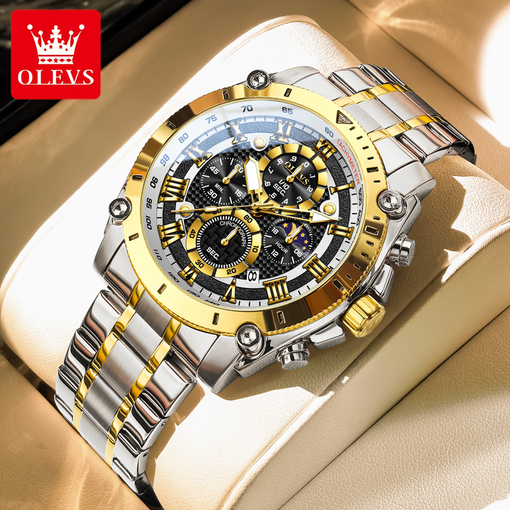 Luxury Watch Zone - OLEVS 3689 ควอตซ์นาฬิกาผู้ชาย Multi-Functional วันที่ข้างขึ้นข้างแรมนาฬิกากันน้ําสําหรับชายกีฬานาฬิกามือ