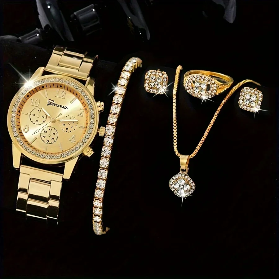 Luxury Watch Gift For Her - นาฬิกาควอตซ์หรูหราประดับเพชรเทียม แฟชั่นอนาล็อกสำหรับงานปาร์ตี้ พร้อมชุดเครื่องประดับ 5 ชิ้น ของขวัญสำหรับคุณแม่/เธอ