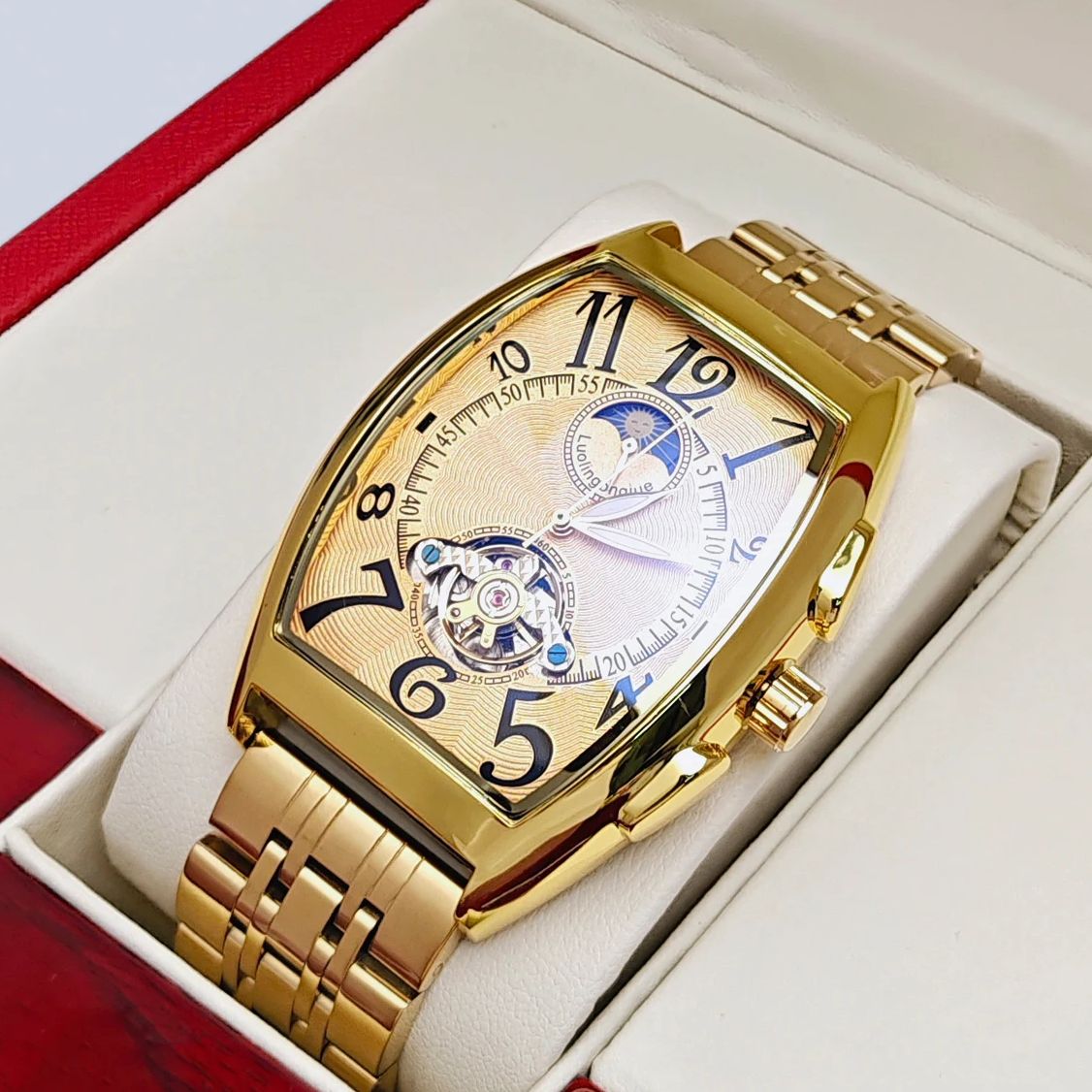 Luxury Watch Tier - นาฬิกาข้อมือผู้ชายทรงบาร์เรลสุดหรูระดับท็อป ระบบไขลานอัตโนมัติ ดีไซน์โครงกระดูก สายสแตนเลส สไตล์ยุโรปและอเมริกา แฟชั่นหรูหราเบาๆ