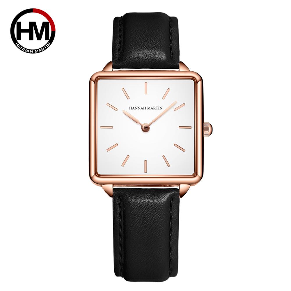 Luxury Watch With Leather Strap - สายหนังแท้Japan Quartz Movement HM-108ผู้หญิงง่ายออกแบบนาฬิกาข้อมือLadies Square Dialนาฬิกา