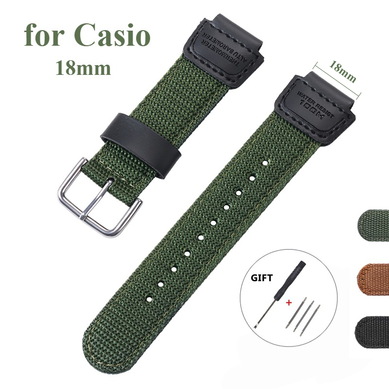 Luxury Watch Casio - ไนลอนสายนาฬิกา 18 มม.ผ้าใบกีฬาสีดําสีเขียวสร้อยข้อมือสําหรับ Casio W800H SGW400