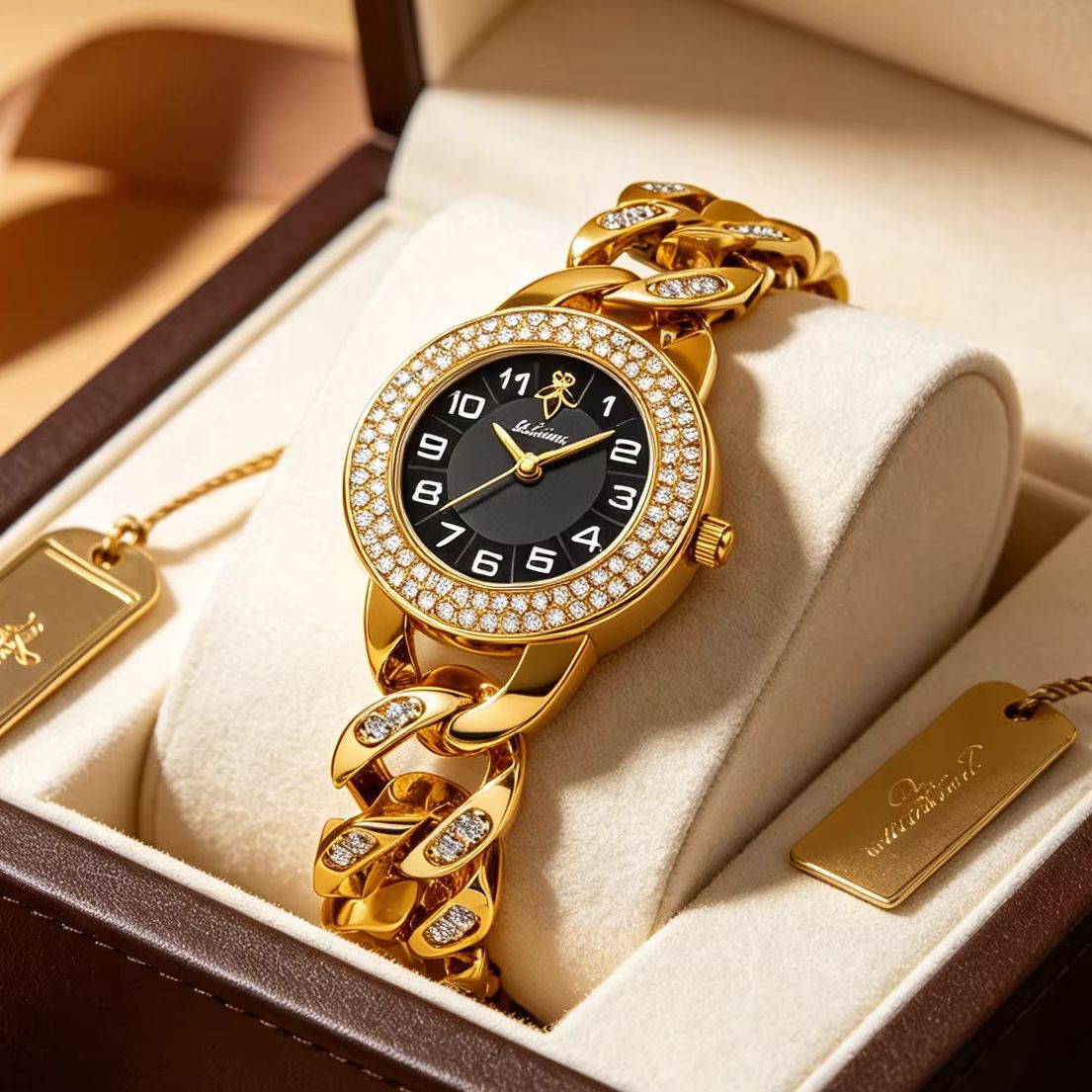 Luxury Watch Gift For Her - YaLaLuSi นาฬิกาข้อมือผู้หญิงแบบโซ่คิวบาสีทอง ประดับคริสตัลเพชรเต็มหน้าปัด หน้าปัดสีขาว ตัวเลขแบบอารบิก นาฬิกาควอตซ์สำหรับสุภาพสตรี