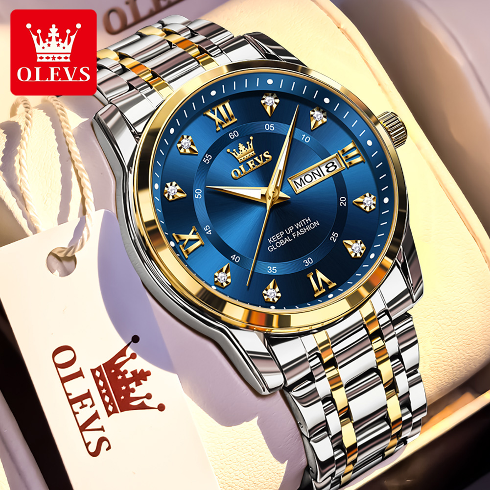 Luxury Watch Logo - OLEVS แบรนด์นาฬิกาแฟชั่นผู้ชายสแตนเลสกันน้ำนาฬิกาข้อมือควอตซ์ส่องสว่างนาฬิกาต้นฉบับสำหรับผู้ชายปฏิทินคู่