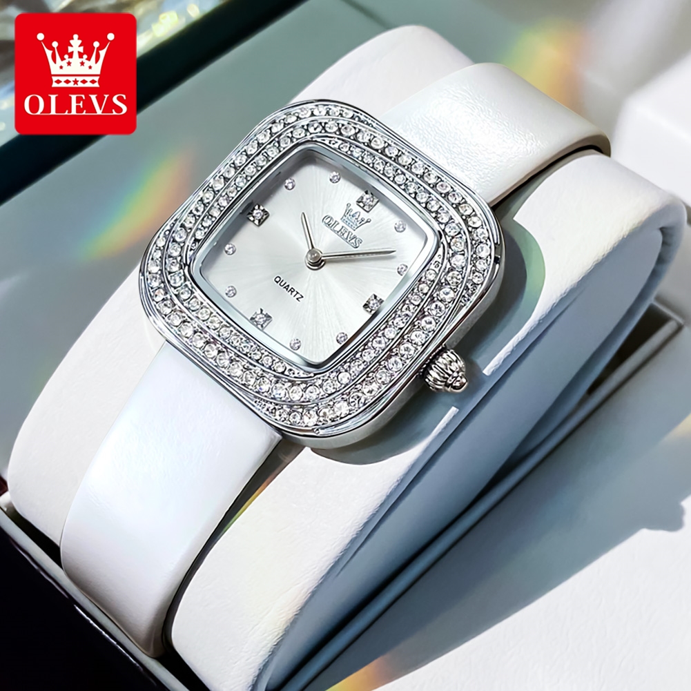 Luxury Watch With Leather Strap - OLEVS 5512 หรูหราสง่างามนาฬิกาข้อมือควอตซ์ผู้หญิง ขอบเพชร สายหนังกันน้ำ นาฬิกาแท้สำหรับสุภาพสตรี