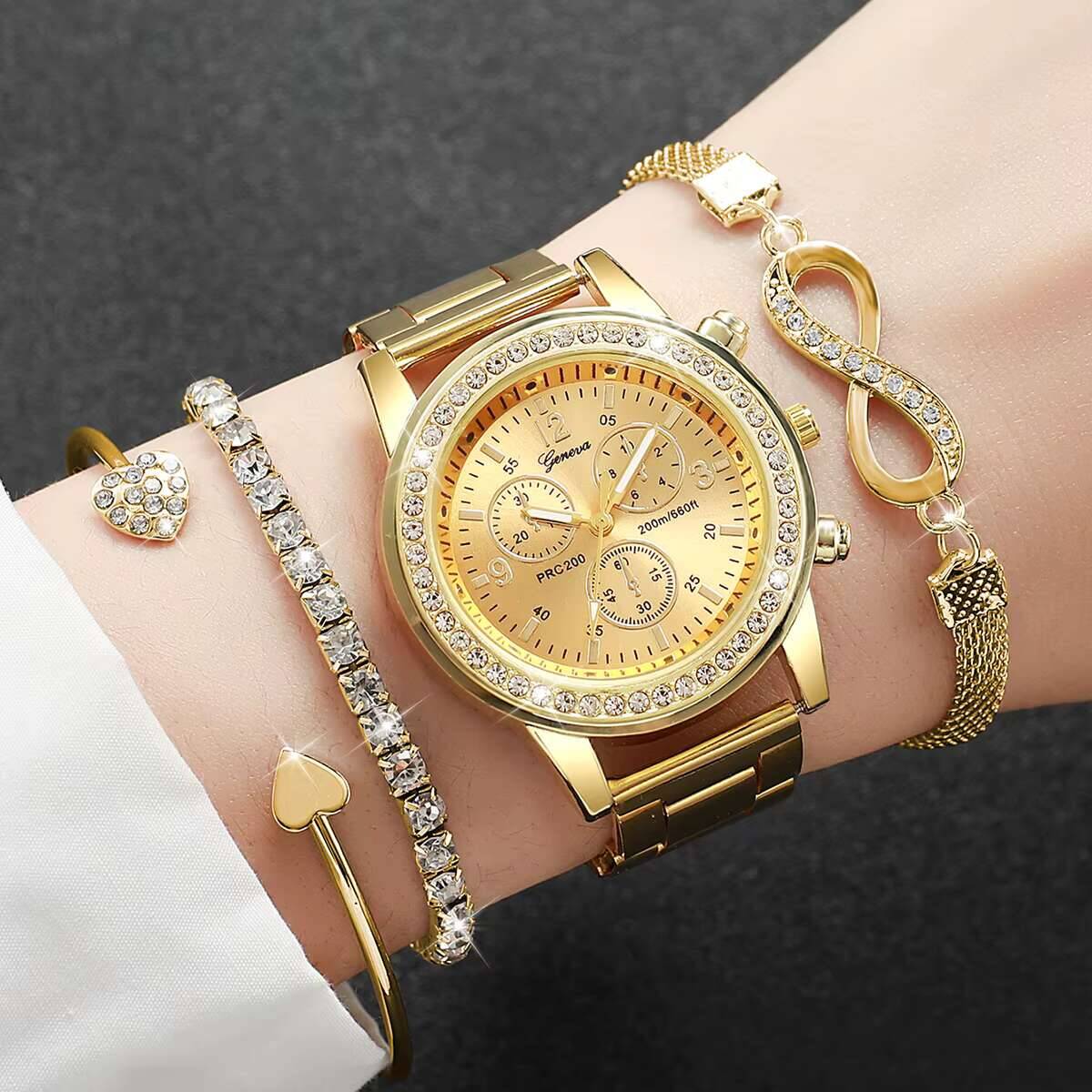 Luxury Watch Case - 4 ชิ้น/เซ็ตหรูหราไรน์สโตนนาฬิกาผู้หญิงแฟชั่นสุภาพสตรีนาฬิกาควอตซ์ชุดสร้อยข้อมือเรโลจ มูเยร์(ไม่มีกล่อง)