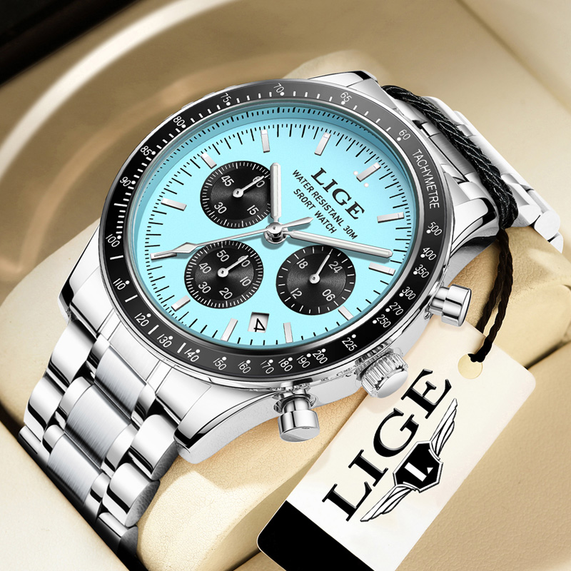 Luxury Watch Collection Box - LIGE แบรนด์ชั้นนำหรูหรานาฬิกาผู้ชายใหม่นาฬิกาควอตซ์นาฬิกากันน้ำนาฬิกาเรืองแสงสำหรับผู้ชายวันที่โครโนกราฟนาฬิกาข้อมือสปอร์ต+ กล่อง