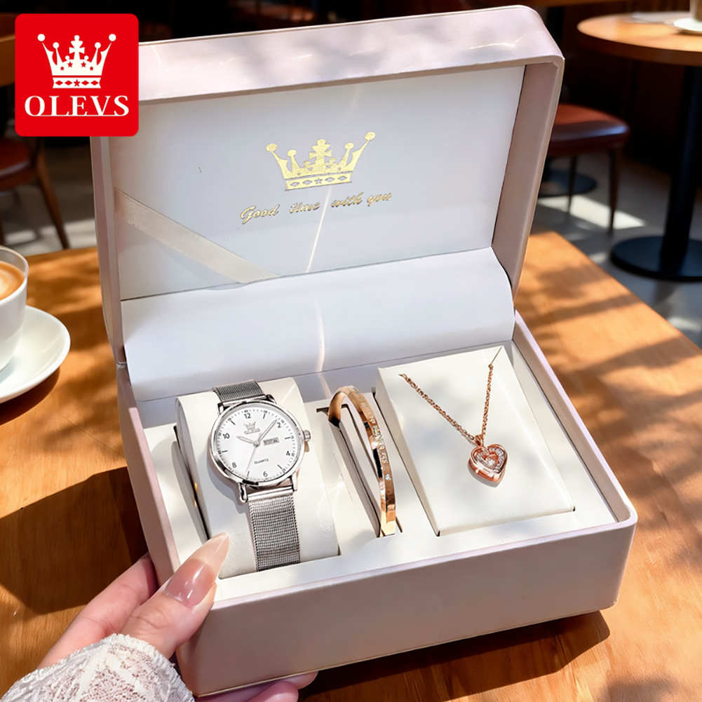 Luxury Watch Logo - OLEVS 2996 นาฬิกาผู้หญิงนาฬิกาควอทซ์หรูหราบางเฉียบกันน้ำปฏิทินคู่นาฬิกาสำหรับผู้หญิงของขวัญกล่องรีโลจ