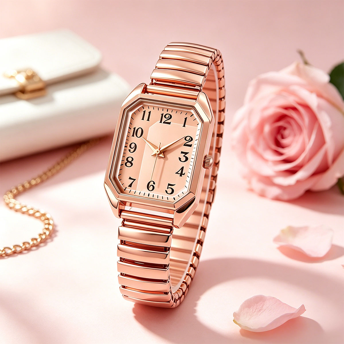 Luxury Watch For Sale - นาฬิกาข้อมือควอตซ์ทรงสี่เหลี่ยมแปดเหลี่ยมสำหรับผู้หญิง สายโลหะยืดได้สองสี ดีไซน์เรียบง่าย นาฬิกาอนาล็อกสำหรับสุภาพสตรี