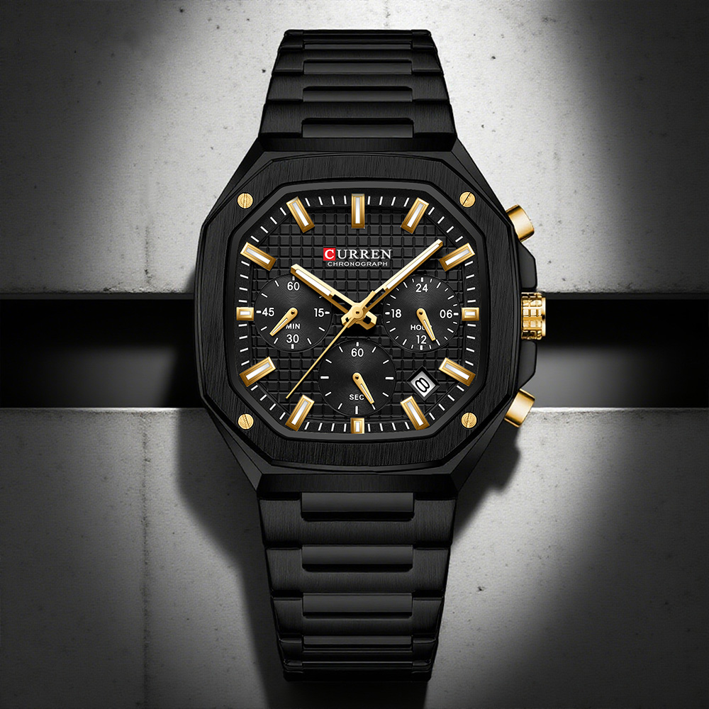 Luxury Watch Square - CURREN นาฬิกาโครโนสแควร์สุดหรูสำหรับผู้ชายดีไซน์คลาสสิกสีทองบนหน้าปัดสีดำแฟชั่นนาฬิกาข้อมือควอตซ์มือส่องสว่าง