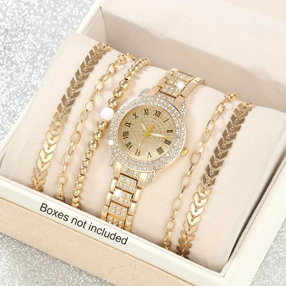 Luxury Watch Gift For Her - 6 ชิ้น/เซ็ตผู้หญิงหรูหรา Rhinestone ควอตซ์นาฬิกา Golden แฟชั่น