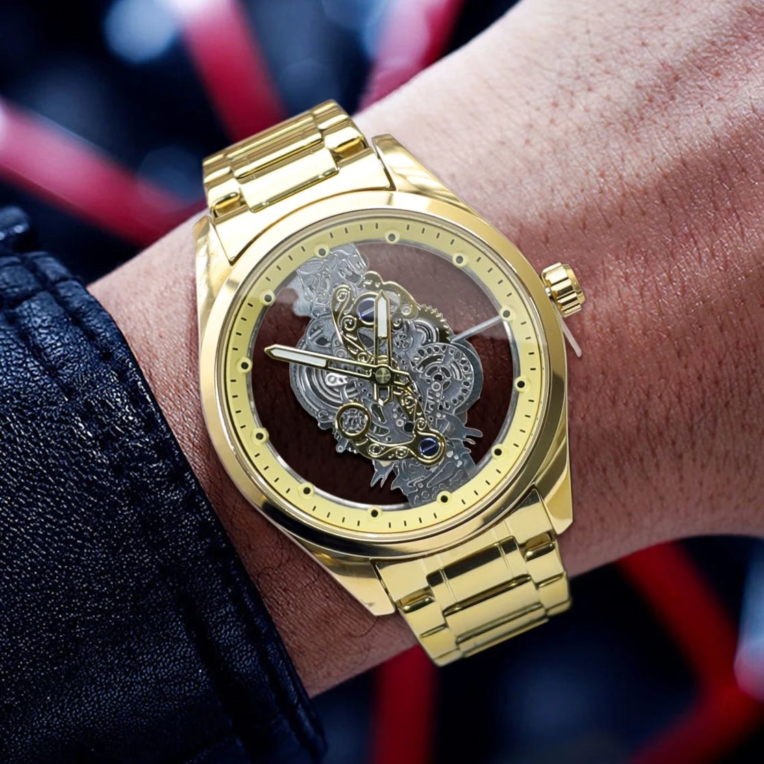 Luxury Watch Tier - นาฬิกาข้อมือผู้ชายอัตโนมัติระดับหรูหราชั้นสูง หน้าปัดทรงกลม ดีไซน์โครงกระดูกสองด้าน สายสแตนเลส แฟชั่นระดับไฮเอนด์ ลำลอง