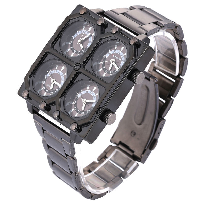 Luxury Watch Zone - Shiweibao นาฬิกาควอตซ์ผู้ชายนาฬิกาแบรนด์หรูสี่โซนเวลานาฬิกาข้อมือทหาร Full Black Steel Watchband