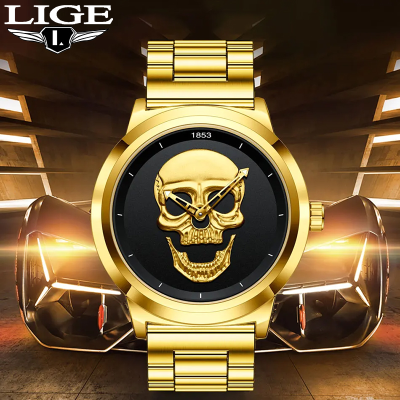 Luxury Watch Collection Box - Lige นาฬิกาควอตซ์สำหรับผู้ชายแบรนด์หรูสุดสร้างสรรค์ลายกะโหลกสแตนเลสสตีลนาฬิกากันน้ำสำหรับกีฬาลำลองพร้อมกล่องใส่3D